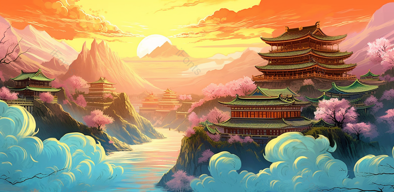 中国风夏天花古建筑山水,插画/手绘图,插画/手绘图库,插画/手绘图下载,插画/手绘